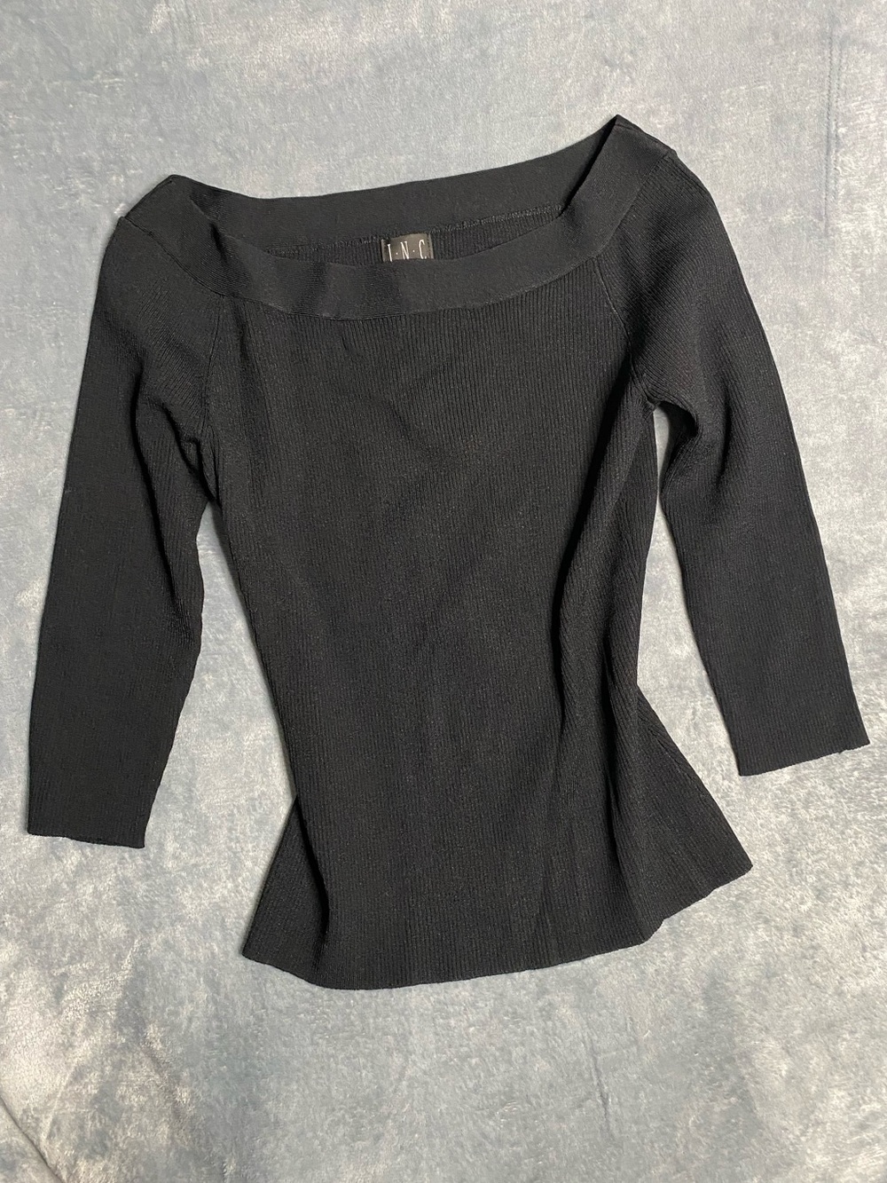INC Black Boatneck Top Ribbed 3/4 sleeve Sz Large